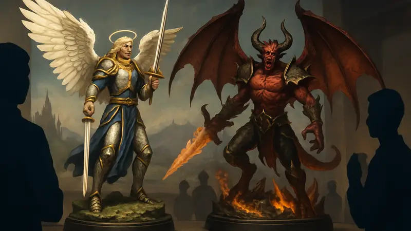 Детализированные фигурки Архангела и Архидьявола из Heroes of Might and Magic III на демонстрации.