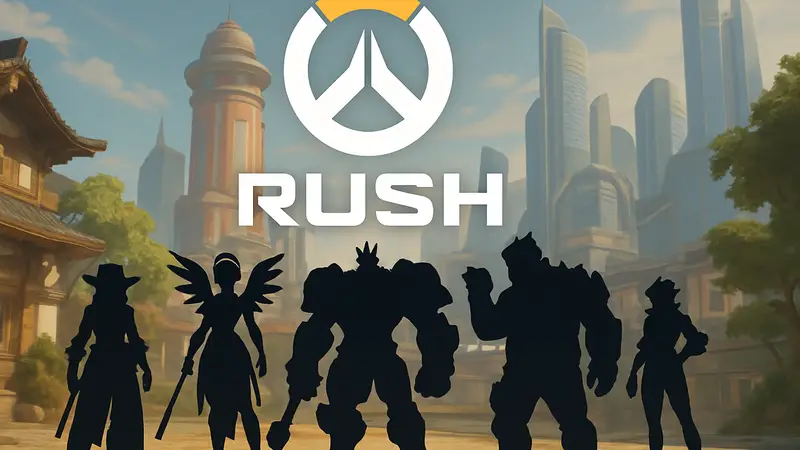 Логотип Overwatch Rush на фоне персонажей из мобильной игры Blizzard