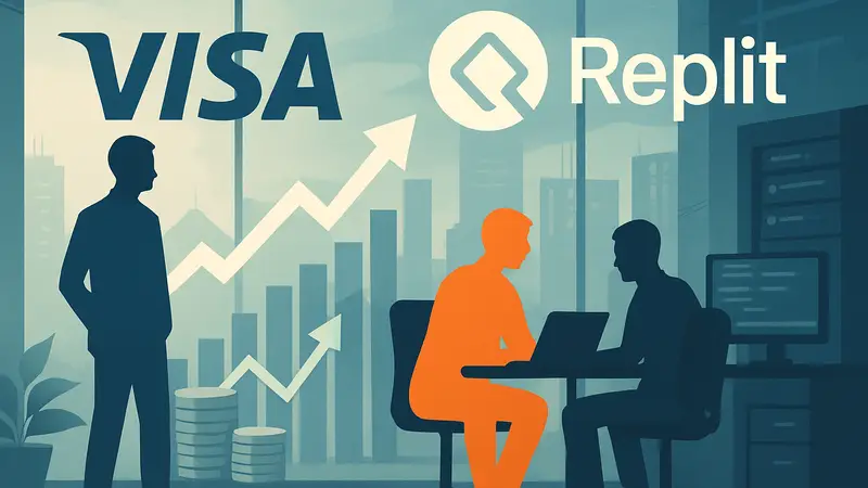 Логотипы Visa и Replit, инвестиции в технологии, агентские платежи, IT-разработка