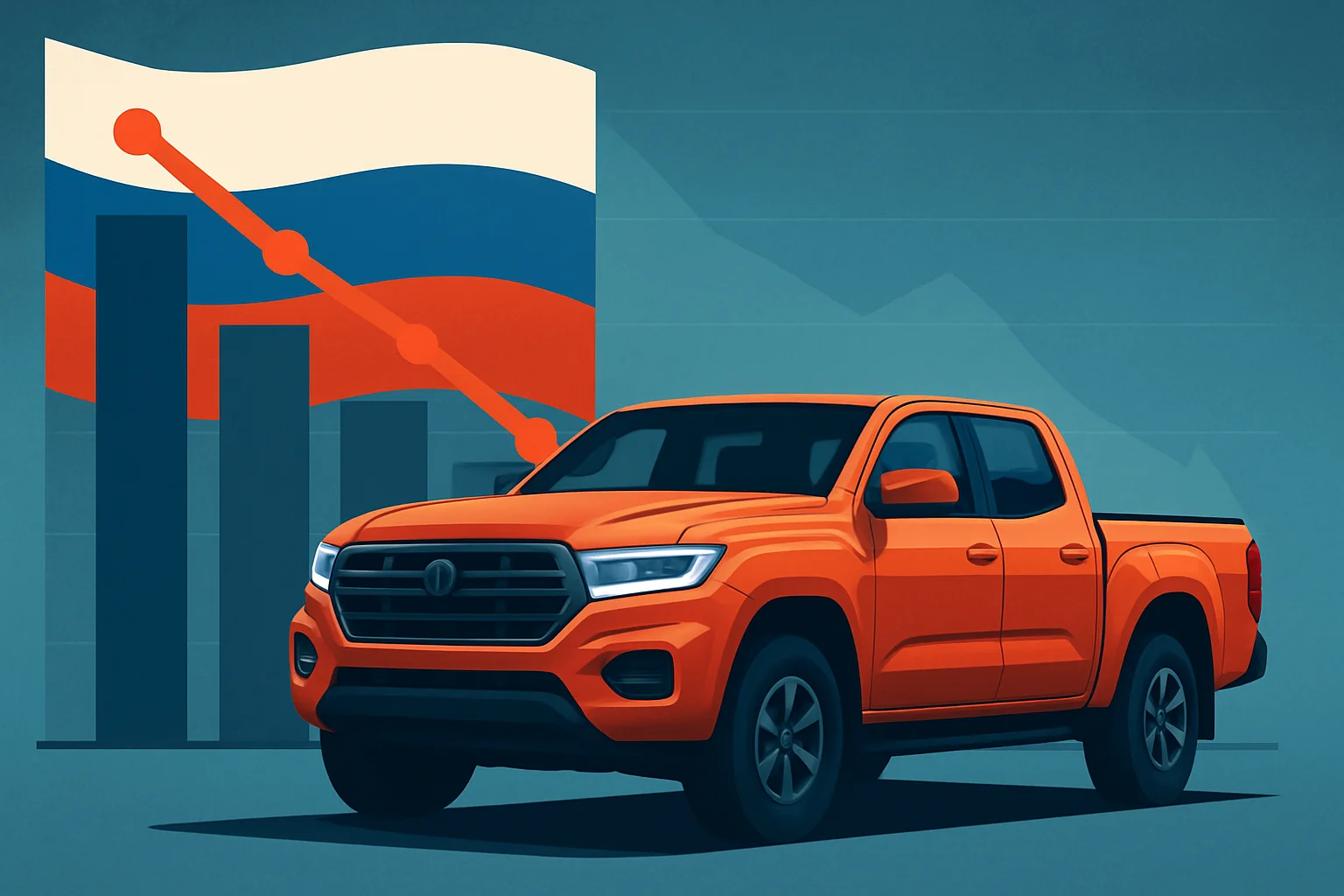 Снижение продаж пикапов в России в 2025 году: график динамики рынка и автомобиль-лидер сегмента.
