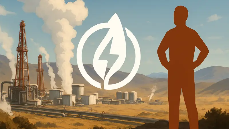 Логотип компании Fervo на фоне геотермальной электростанции, символизирующий успех в технологиях и устойчивом развитии.