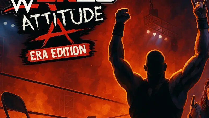 Обложка игры WWE 2K26 с логотипом Attitude Era Edition, элементы рестлинга.