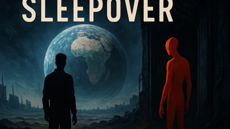 Обложка Sleepover, изображающая космический ужас или двух персонажей на фоне опустевшей Земли.