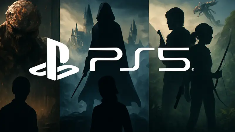 Логотип PlayStation 5 на фоне обложек эксклюзивных игр.