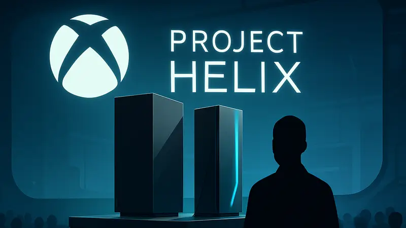 Логотип Xbox и надпись Project Helix на фоне футуристической консоли, анонс нового поколения.