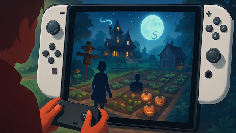 Скриншот геймплея Moonlight Peaks на Nintendo Switch 2, показывающий фермерские работы и сверхъестественные элементы.