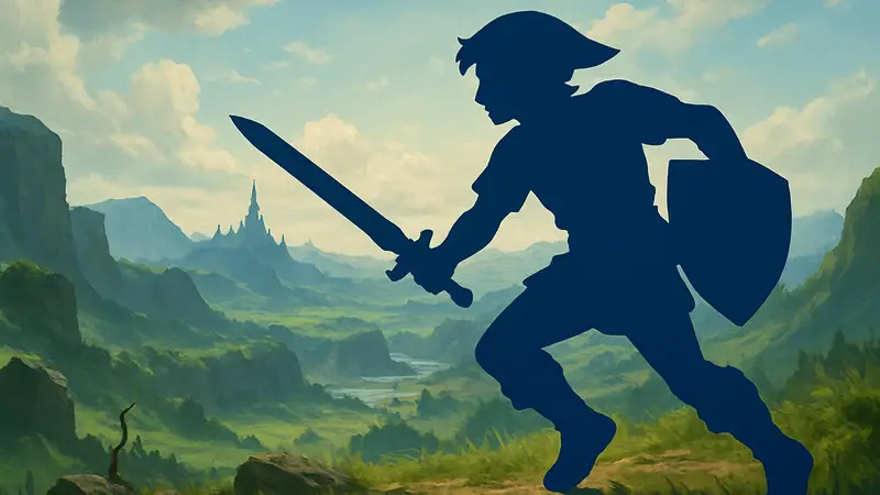 Линк из игры Zelda в динамичной позе на фоне фэнтезийного ландшафта.