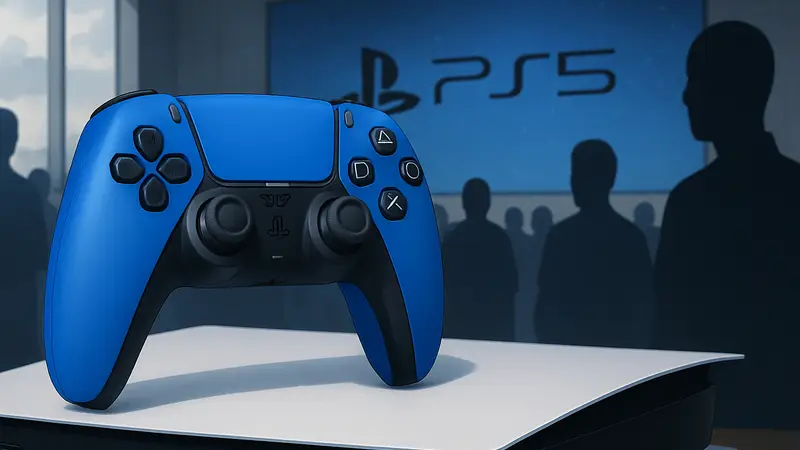 Новый контроллер PS5 в специальной расцветке, лежащий на консоли PlayStation 5, демонстрирующий дизайн.