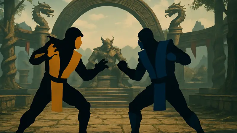Игровые персонажи Mortal Kombat, Скорпион и Саб-Зиро, в позе боя на арене