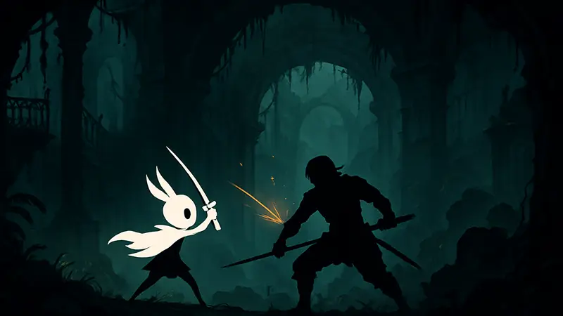 Скриншот Solateria, показывающий главного героя в бою или исследование мрачного уровня.