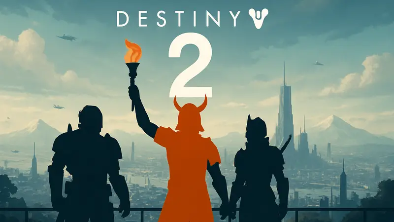 Персонажи Destiny 2 во время Guardian Games, логотип Destiny 2 на фоне города