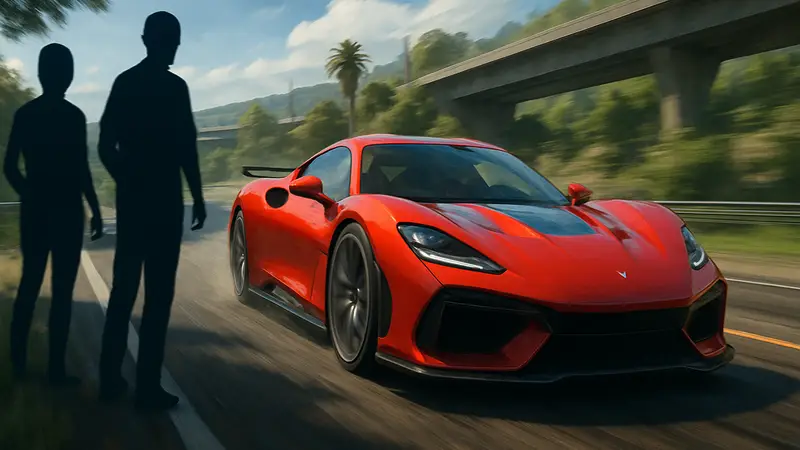 Динамичный кадр из гоночной игры, показывающий спорткар на трассе на высокой скорости.