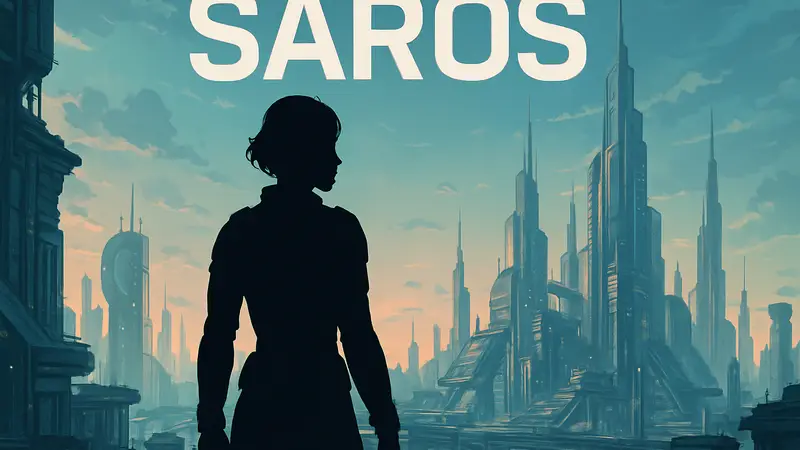 Обложка игры Saros, демонстрирующая главную героиню на фоне футуристического города