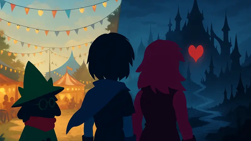 Персонажи Deltarune Chapter 5 на фоне фестиваля или Темного мира.