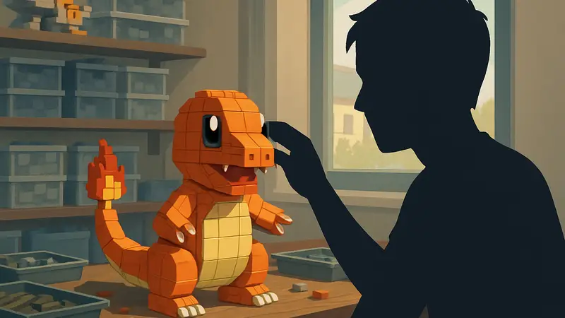 Фигурка покемона, собранная из кубиков LEGO, на столе фаната