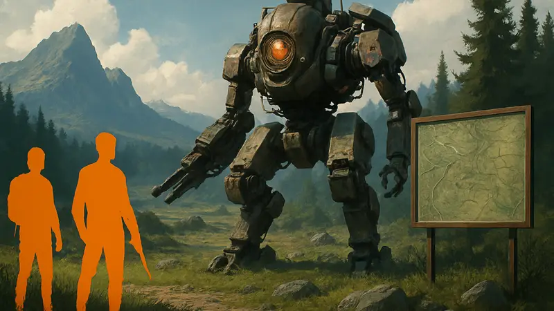ARC Raiders: Прохождение квеста Lay of the Land. Изображение с роботами или картой из игры.