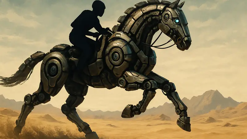 Роботизированный конь Marni-Mechahorse из игры Crimson Desert, скачущий по пустыне.