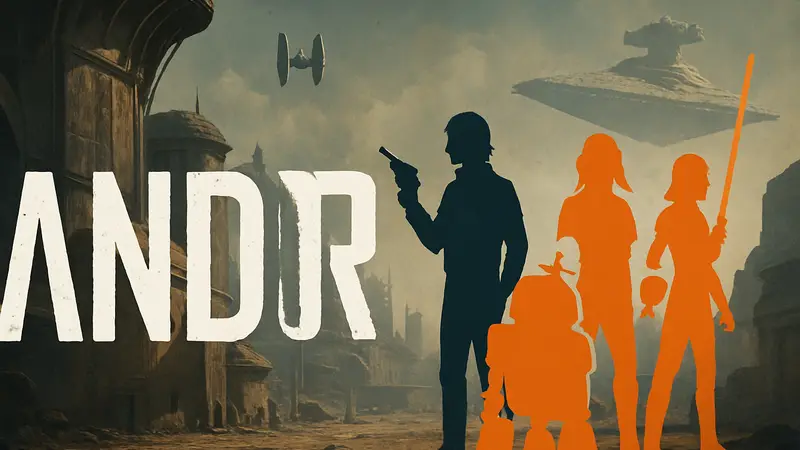 Логотип сериала 'Андор' рядом с персонажами из Star Wars Rebels, символизирующий вдохновение.