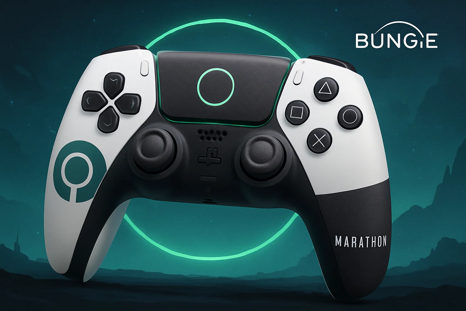 Лимитированный контроллер DualSense для игры Marathon от Bungie, показывающий дизайн и логотип.
