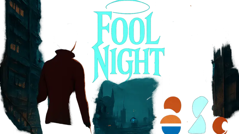 Логотип аниме Fool Night или концепт-арт в научно-фантастическом стиле, с символами Netflix, Sunrise и Shaft.