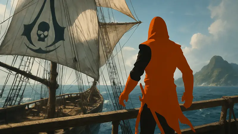Эдвард Кенуэй из Assassin's Creed Black Flag Resynced на паруснике в море.