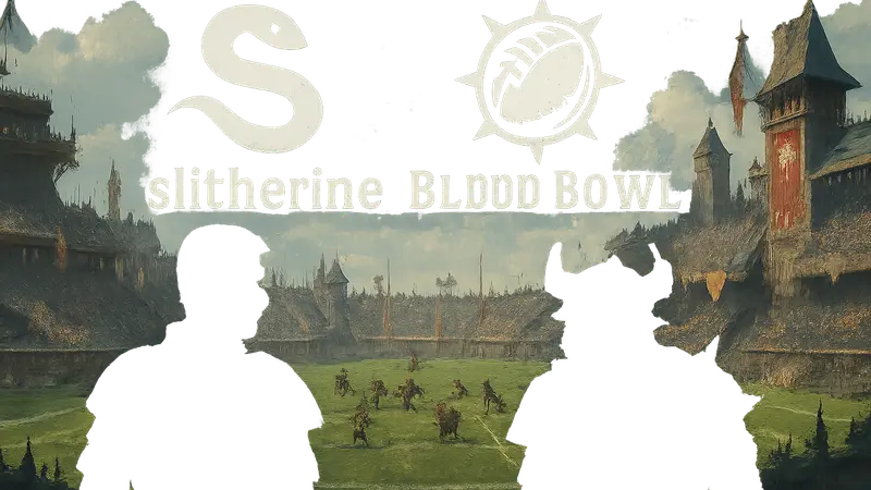 Логотип Slitherine Games и Blood Bowl на фоне стадиона для вархаммер-футбола.