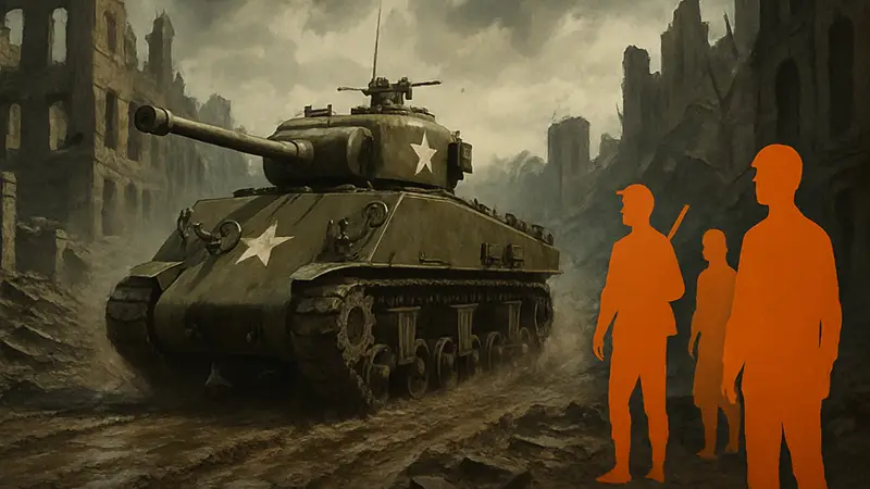 Танк M4 Шерман в движении по грязевой дороге на фоне разрушенного города в годы Второй мировой войны.