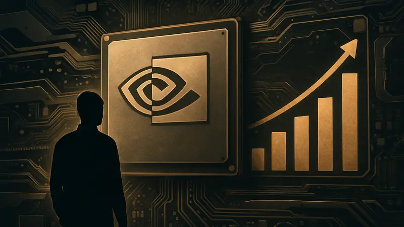 Логотип Nvidia на фоне микросхем или видеокарты, символизирующий финансовые показатели.