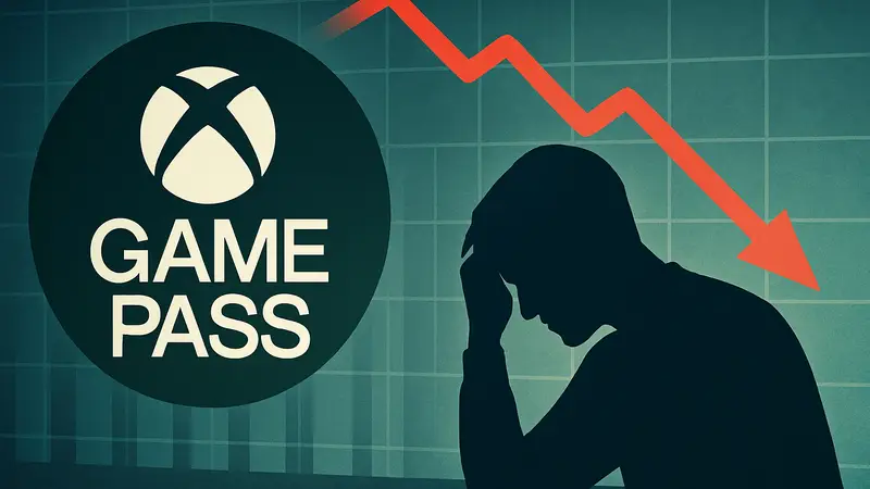 Логотип Xbox Game Pass на фоне графика, показывающего снижение количества подписчиков после повышения цен.
