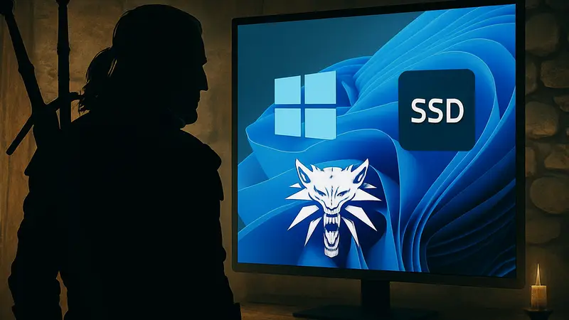 Геральт из The Witcher 3, на фоне экрана с логотипами Windows 11 и SSD.