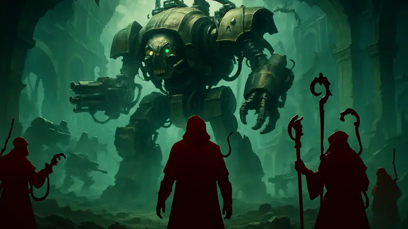 Обложка игры Warhammer 40,000: Mechanicus 2 с роботами и персонажами Адептус Механикус.