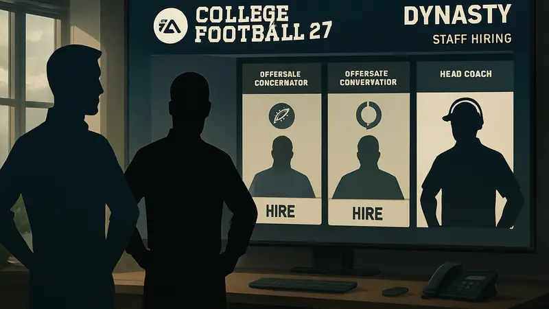 Интерфейс режима Dynasty игры College Football 27 с опциями найма персонала.
