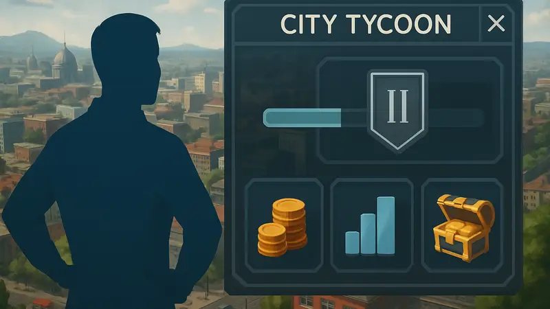 Изображение геймплея Neverness to Everness с интерфейсом City Tycoon и наградами за ранг.