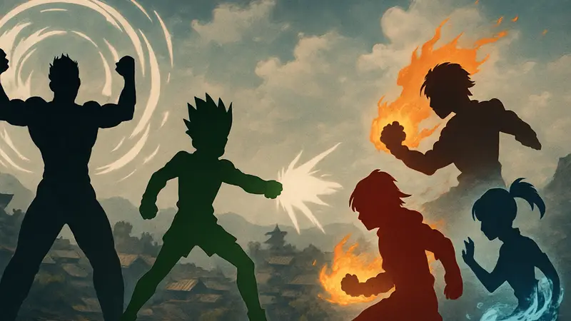 Персонажи из разных аниме, демонстрирующие свои уникальные системы силы и боевые способности.