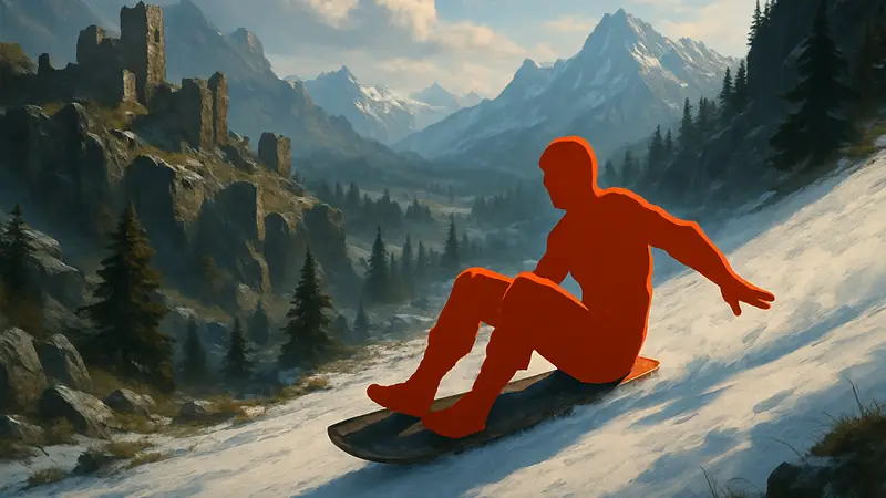 Персонаж скользит на щите по заснеженному склону в мире игры Crimson Desert