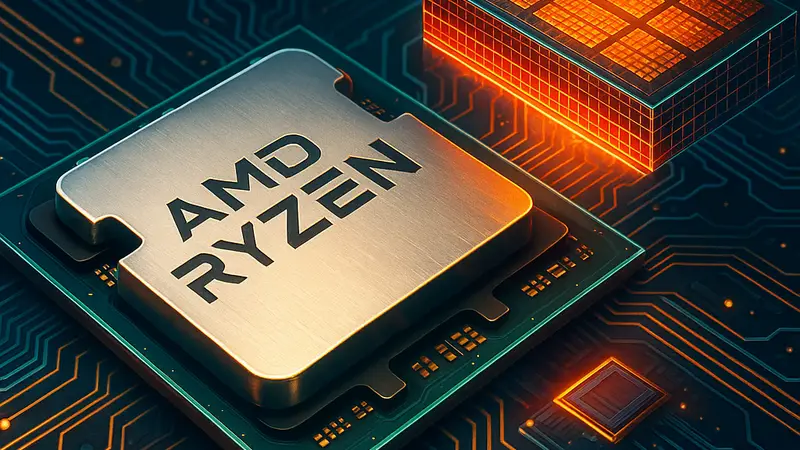Процессор AMD Ryzen 9 9950X3D2 на фоне микросхем, демонстрирующий мощь 3D V-Cache.