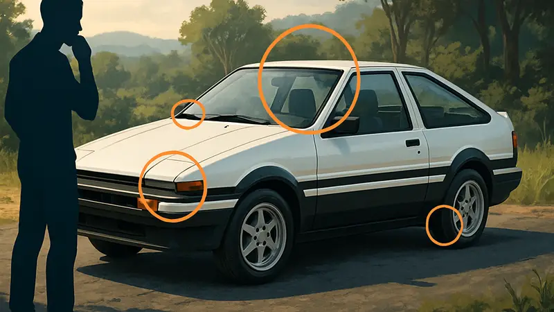 Игровая модель Toyota AE86 из Forza Horizon 6 с указанием неточностей