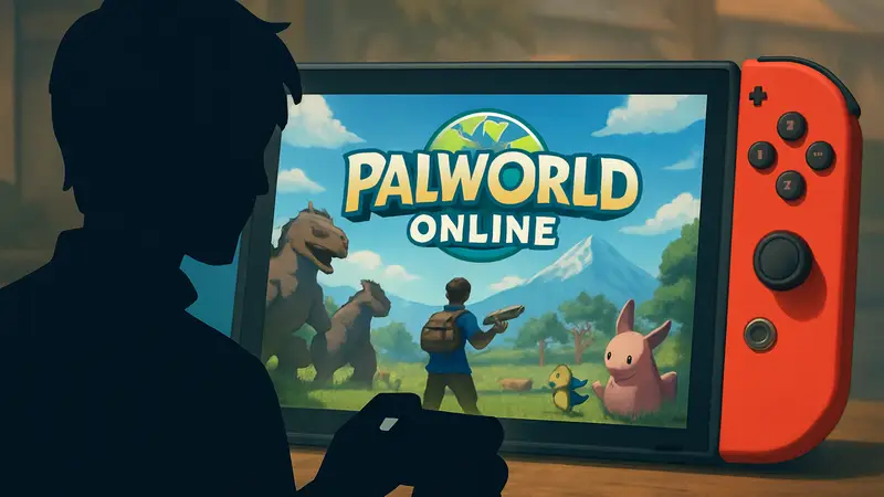 Логотип Palworld Online и скриншот из игры Palworld на фоне Nintendo