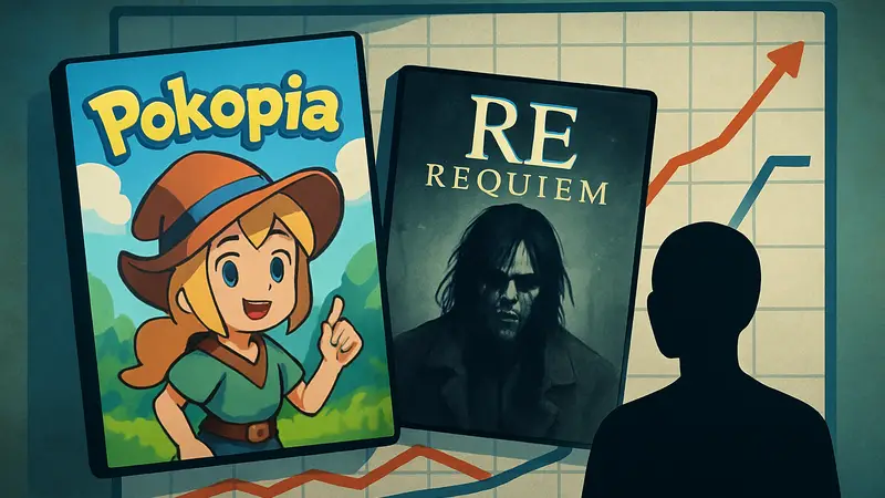 Обложки игр Pokemon Pokopia и RE Requiem на фоне графика продаж UK Charts.