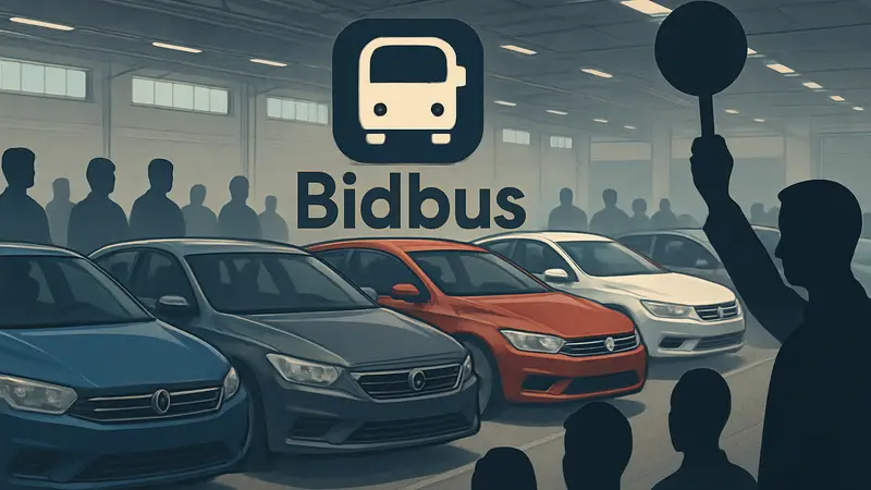 Логотип Bidbus на фоне автомобилей, процесс аукциона подержанных авто