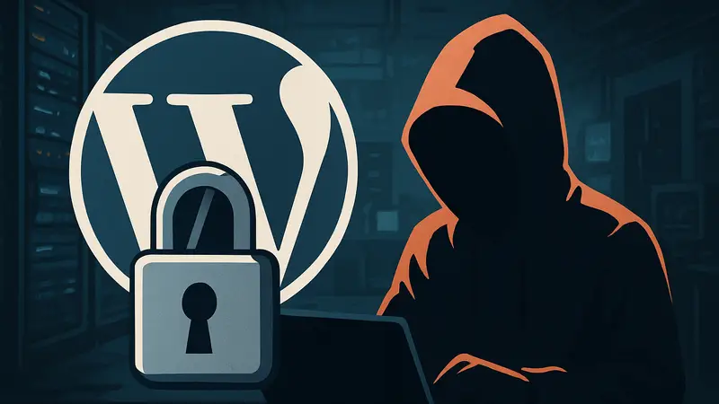 Изображение логотипа WordPress с замком и хакерским символом, символизирующее угрозу безопасности.
