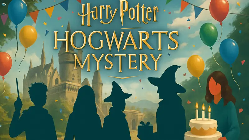 Логотип Harry Potter Hogwarts Mystery с праздничными элементами и персонажами, анонсирующими награды