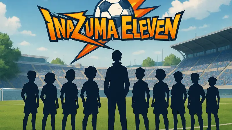 Логотип Inazuma Eleven и изображение футбольной команды из игры Level-5