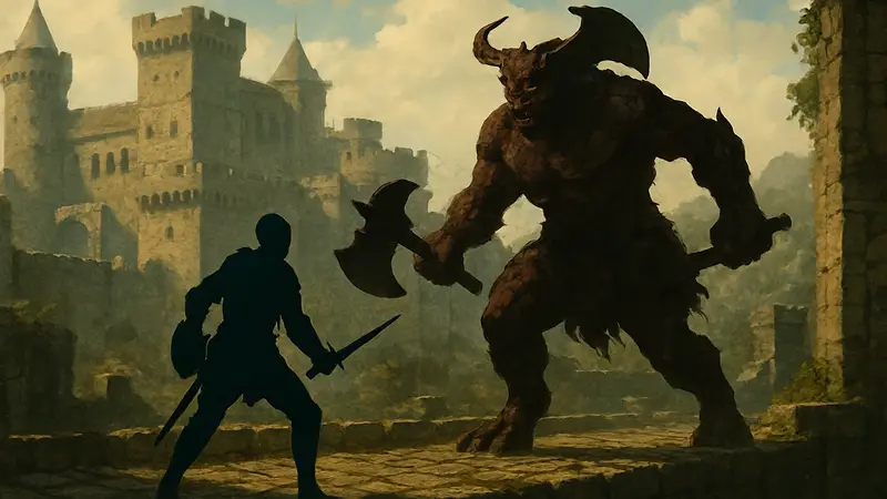 Персонаж Dark Souls сражается с Taurus Demon, на фоне старинного замка