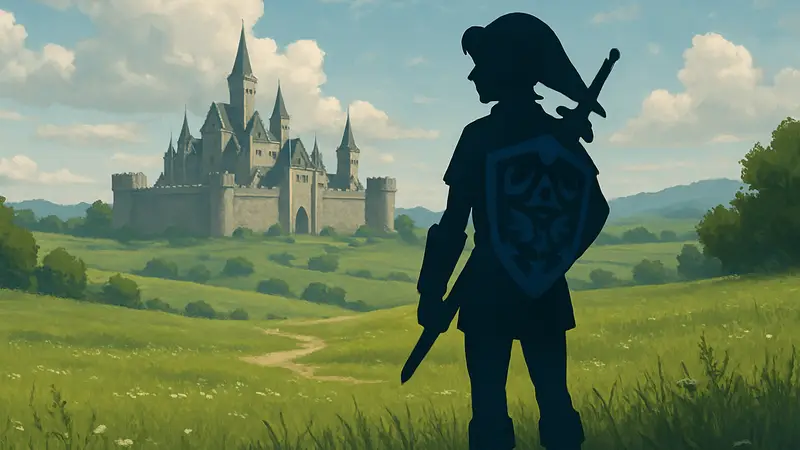 Арт с Линком из Zelda: Ocarina of Time, стоящим в поле, на фоне замка Хайрул.