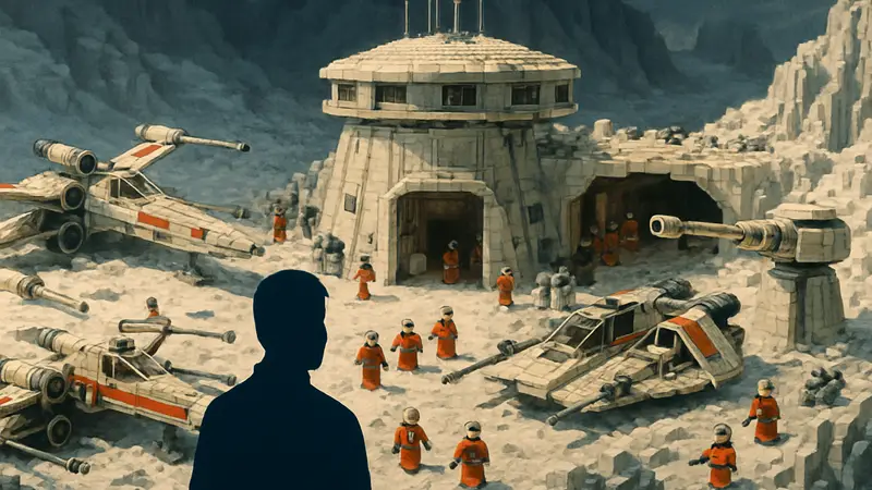 Большая LEGO модель базы повстанцев из "Звездных войн", демонстрирующая детализацию и масштаб.