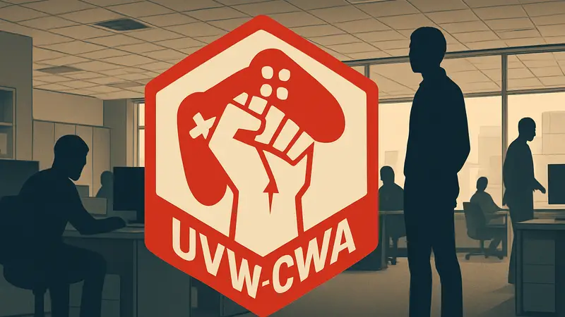 Логотип профсоюза UVW-CWA на фоне схематичного изображения офиса