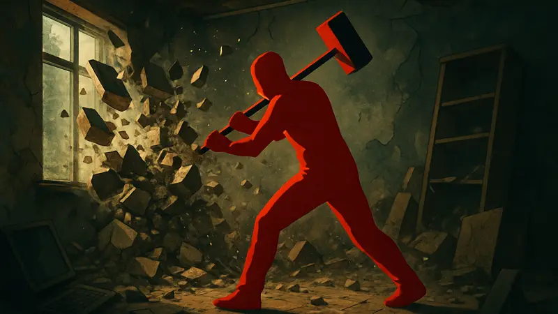 Персонаж игры Virtue and a Sledgehammer с кувалдой, разрушающий объекты, символизируя игровую терапию через уничтожение.