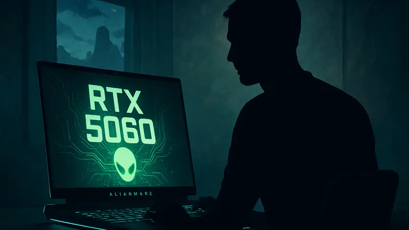 Игровой ноутбук Alienware с подсветкой, отображающий мощную RTX 5060 видеокарту