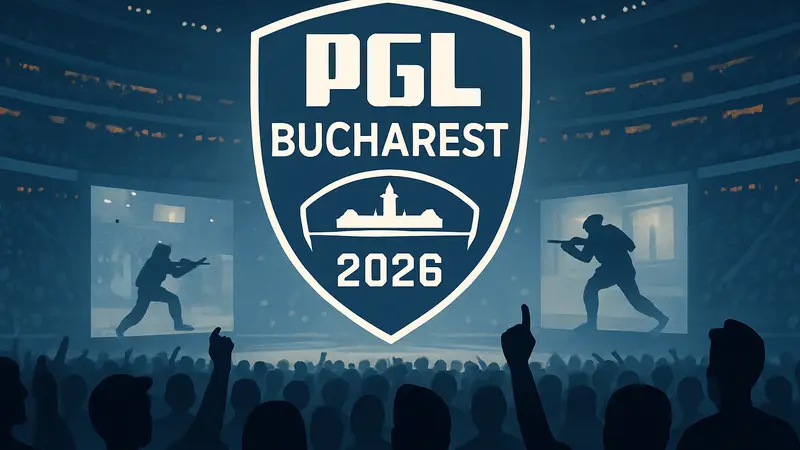 Эмблема PGL Bucharest 2026 на фоне киберспортивной арены с фанатами, финал Counter-Strike 2.